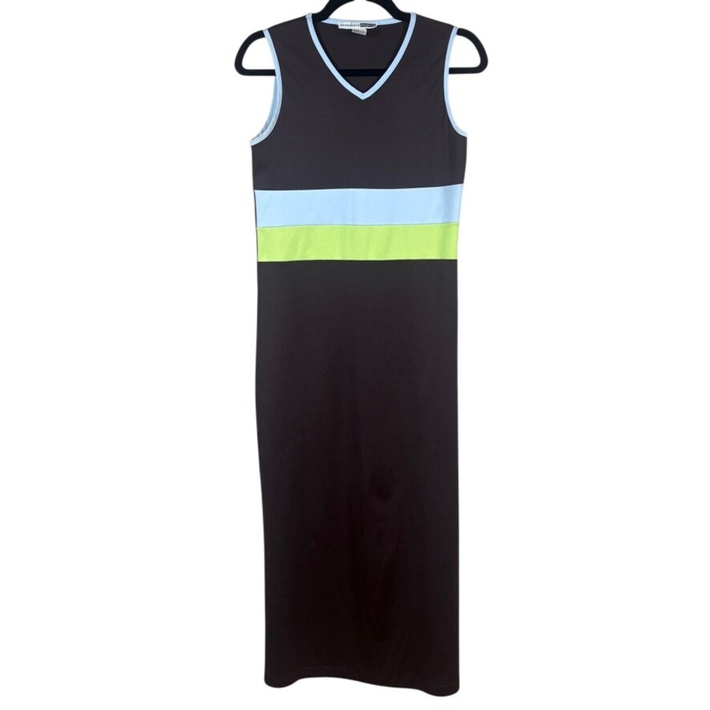 Vtg 90s Color Block Maxi Dress Necessary Objects Medium Brown‎ Blue Green Retro